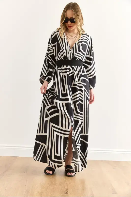 Woman Geometric Black Wrap Collar Elastic Waist M - 2