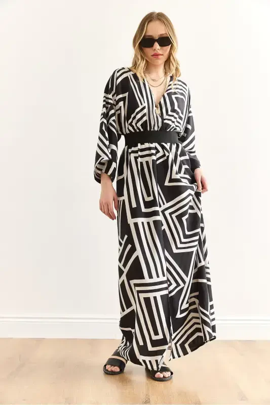 Woman Geometric Black Wrap Collar Elastic Waist M - 4