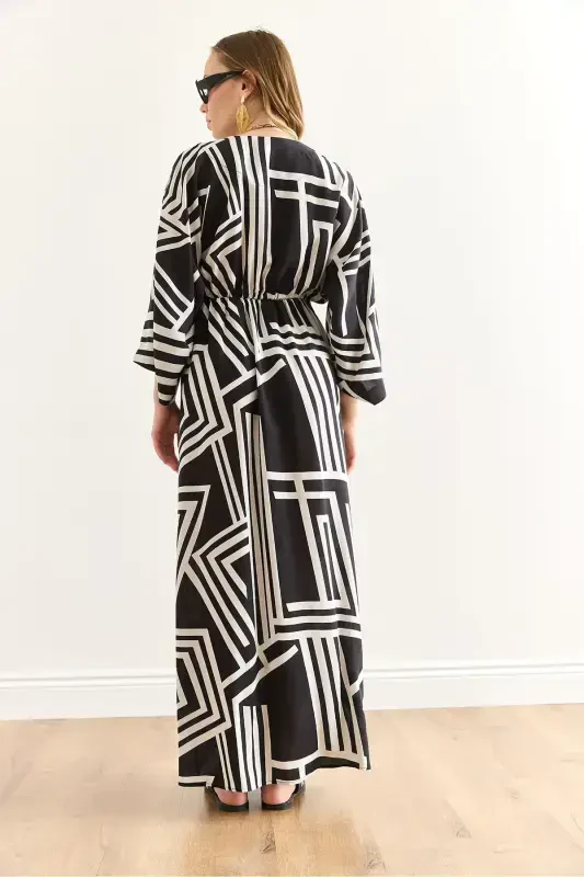 Woman Geometric Black Wrap Collar Elastic Waist M - 5