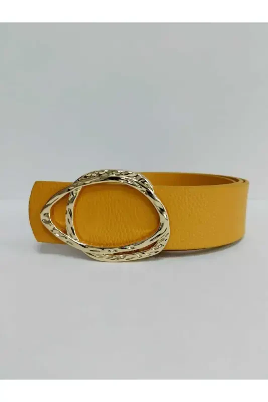Woman Gold Buckle Mustard Yellow Belt-Mustard Yellow - 1