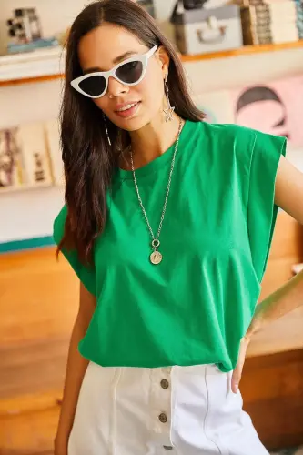 Woman Grass Green Armpit Detailed Bat T-Shirt - 2