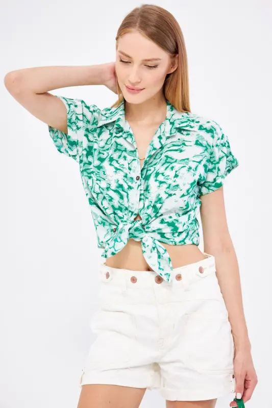 Woman Grass Green Patterned Short Sleeve Shirt ARM-22Y001052-Grass Green - 3