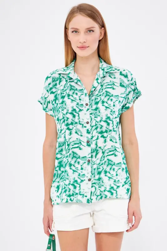 Woman Grass Green Patterned Short Sleeve Shirt ARM-22Y001052-Grass Green - 4