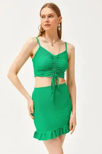 Woman Grass Green Ruched Top Blouse Mini Skirt - 2