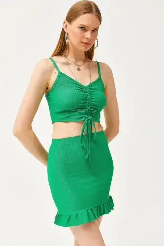 Woman Grass Green Ruched Top Blouse Mini Skirt - 3