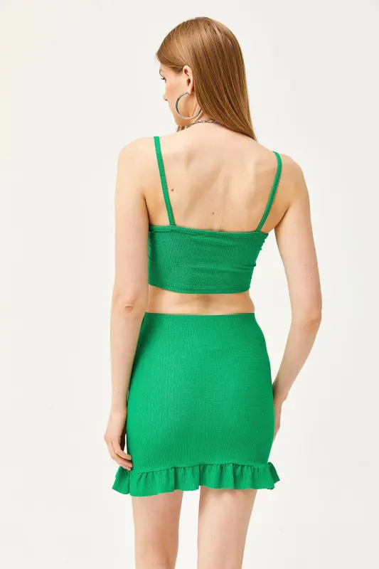 Woman Grass Green Ruched Top Blouse Mini Skirt - 5