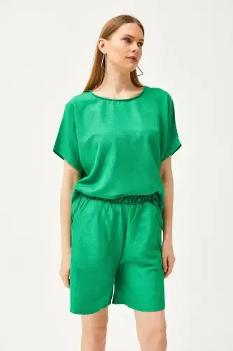 Woman Grass Green Top Slouchy Blouse Bottom Pocketed Shorts K - 3