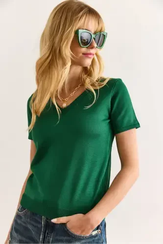 Woman Grass Green V Neck Short Sleeve Basic Knitwear Blu - 1