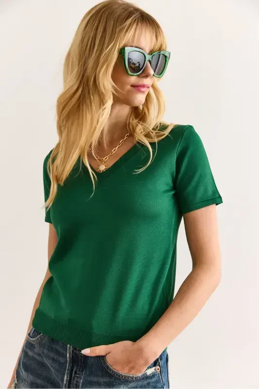 Woman Grass Green V Neck Short Sleeve Basic Knitwear Blu - 1