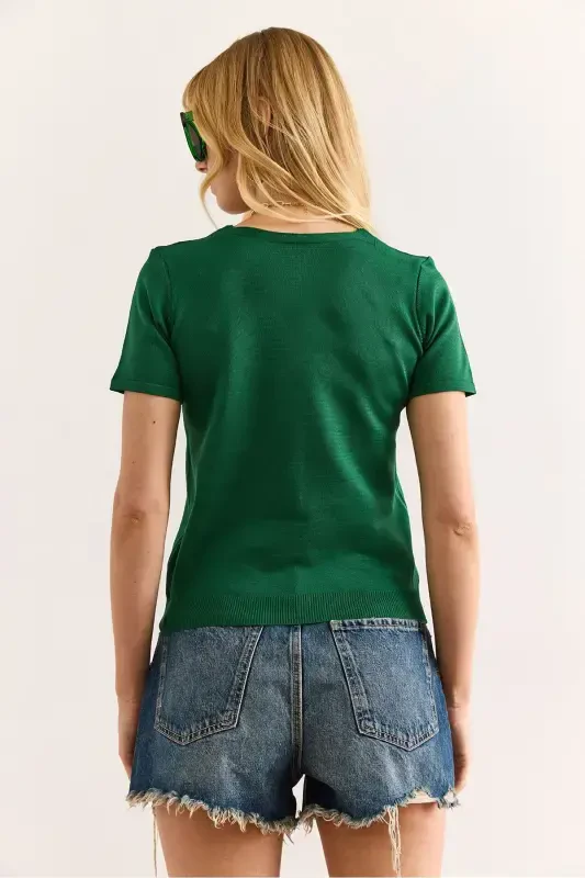 Woman Grass Green V Neck Short Sleeve Basic Knitwear Blu - 2