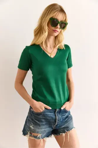 Woman Grass Green V Neck Short Sleeve Basic Knitwear Blu - 3