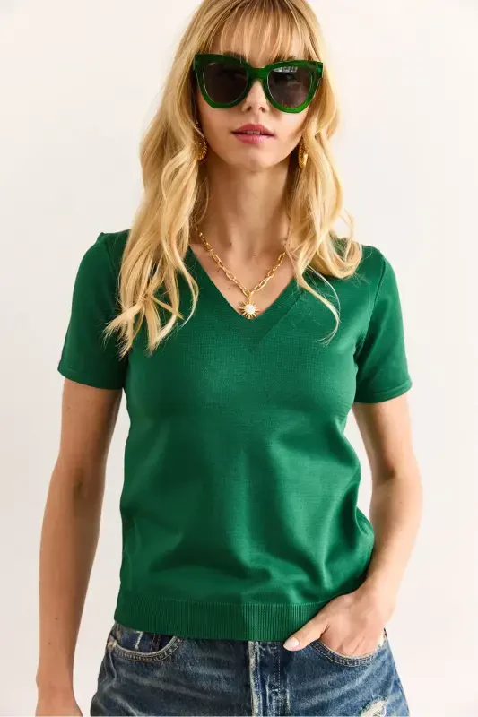 Woman Grass Green V Neck Short Sleeve Basic Knitwear Blu - 5