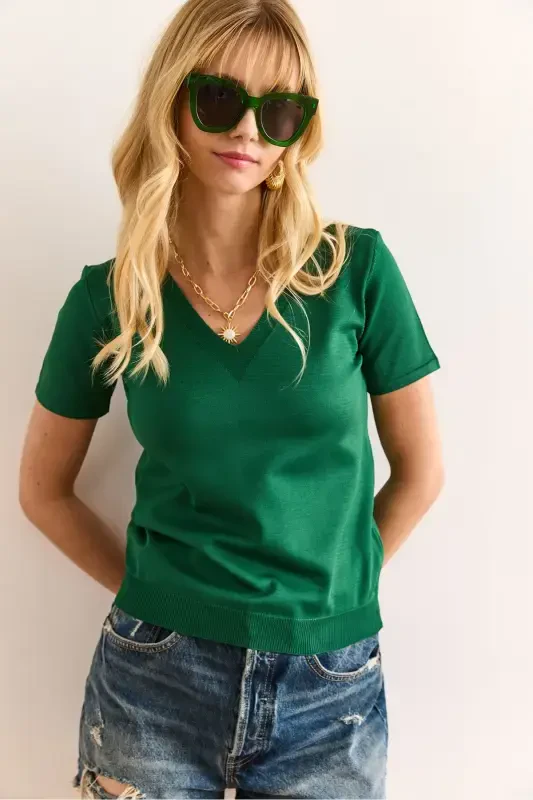 Woman Grass Green V Neck Short Sleeve Basic Knitwear Blu - 6