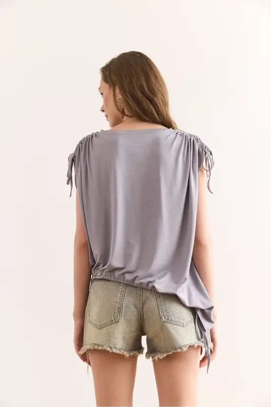 Woman Gray Asymmetric Gathered Detail Drape Knit Viscose - 2