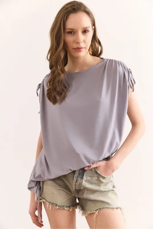 Woman Gray Asymmetric Gathered Detail Drape Knit Viscose - 3