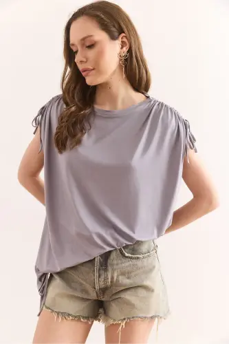 Woman Gray Asymmetric Gathered Detail Drape Knit Viscose - 5