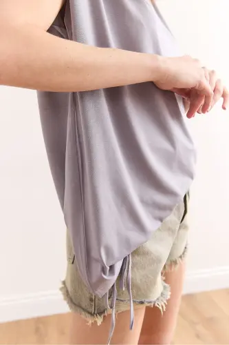 Woman Gray Asymmetric Gathered Detail Drape Knit Viscose - 7