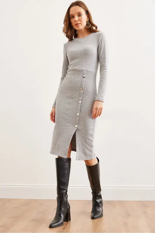 Woman Gray Button Detailed Slit Midi Stretch Dress - 1