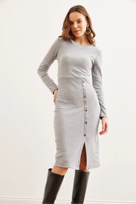 Woman Gray Button Detailed Slit Midi Stretch Dress - 2