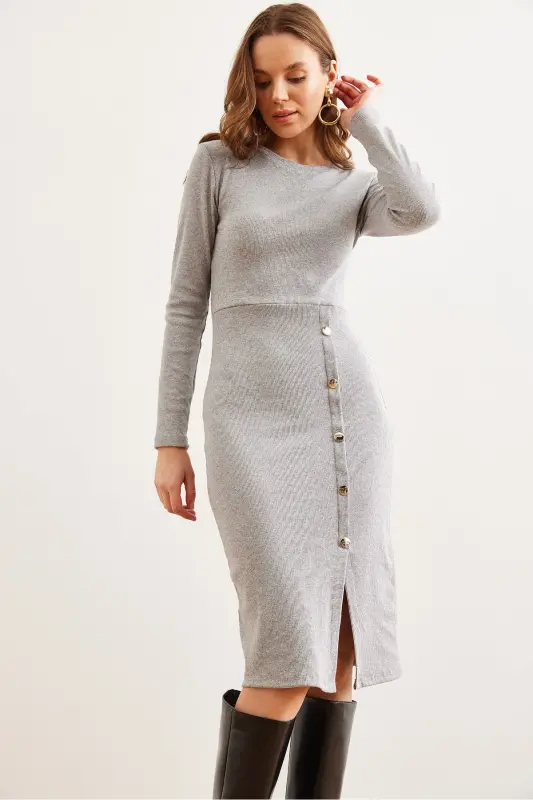 Woman Gray Button Detailed Slit Midi Stretch Dress - 3