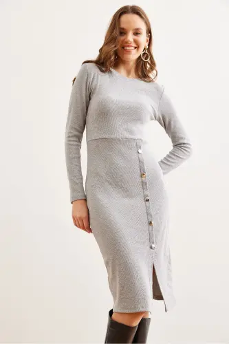 Woman Gray Button Detailed Slit Midi Stretch Dress - 4