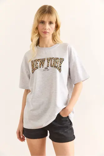 Woman Gray Melange Leopard New York Printed 2 Rope Comfortable - 3