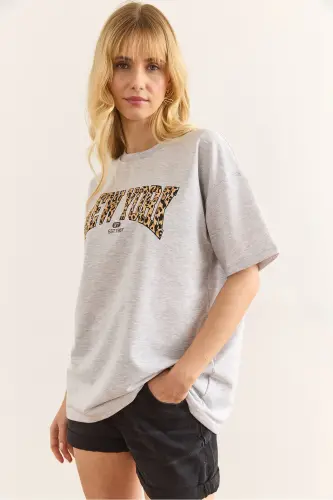 Woman Gray Melange Leopard New York Printed 2 Rope Comfortable - 4