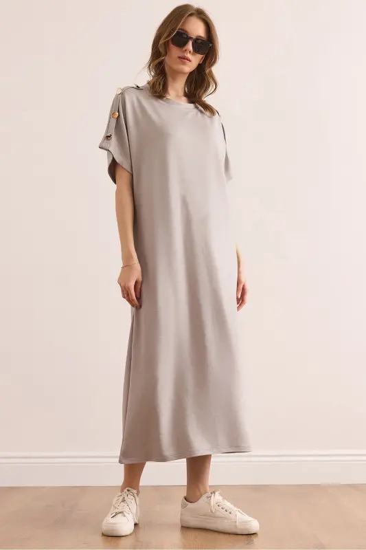 Woman Gray Shoulder Button Detailed Crystal Embellished Dress - 1