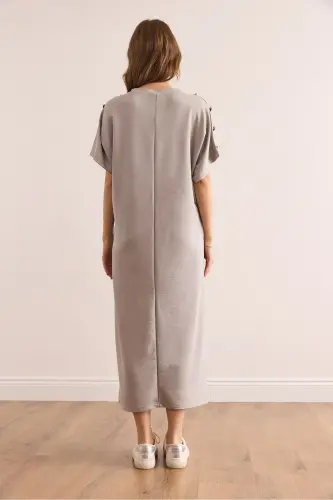 Woman Gray Shoulder Button Detailed Crystal Embellished Dress - OLALOOK (1)