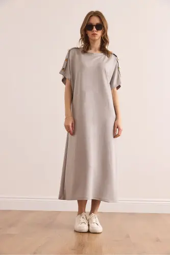 Woman Gray Shoulder Button Detailed Crystal Embellished Dress - 3