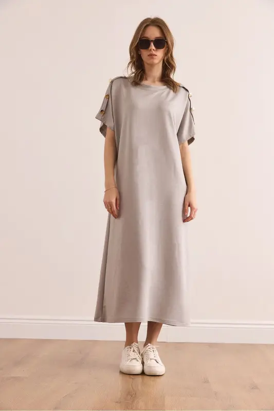 Woman Gray Shoulder Button Detailed Crystal Embellished Dress - 3