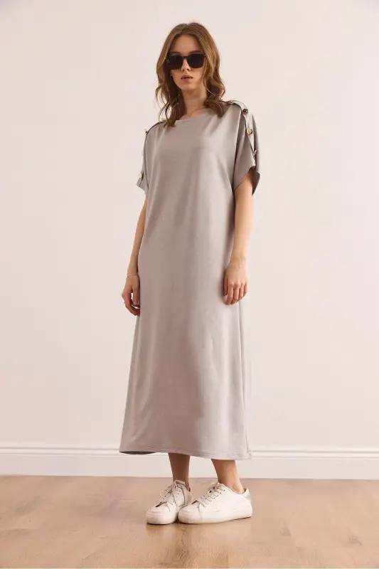 Woman Gray Shoulder Button Detailed Crystal Embellished Dress - 4