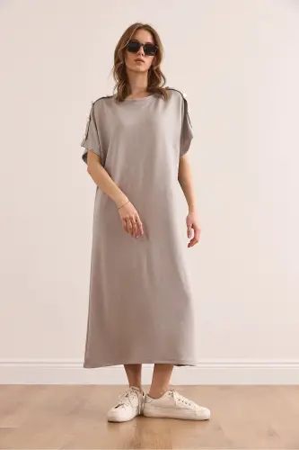 Woman Gray Shoulder Button Detailed Crystal Embellished Dress - 5