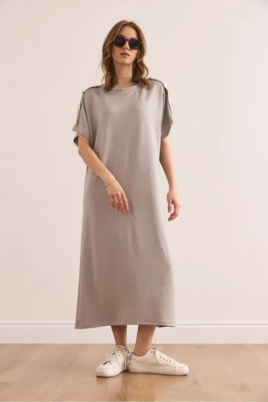 Woman Gray Shoulder Button Detailed Crystal Embellished Dress - 5