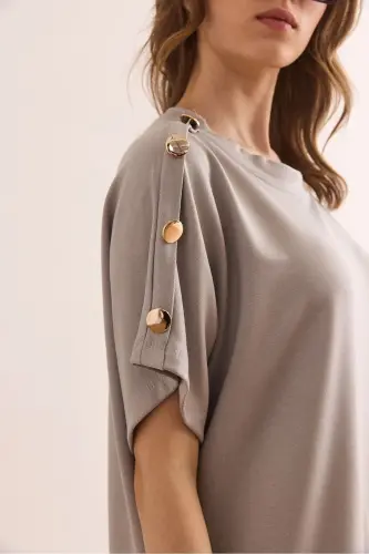Woman Gray Shoulder Button Detailed Crystal Embellished Dress - 6