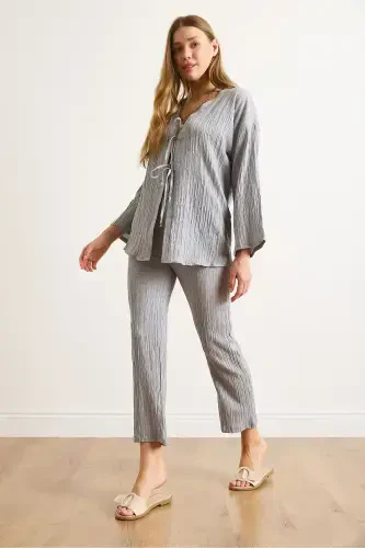 Woman Gray Top Lace-up Cardigan Bottom Pocketed Trousers Ta - 3