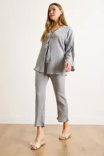 Woman Gray Top Lace-up Cardigan Bottom Pocketed Trousers Ta - 4