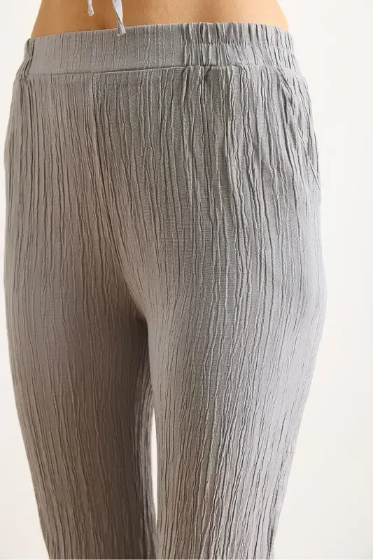 Woman Gray Top Lace-up Cardigan Bottom Pocketed Trousers Ta - 5