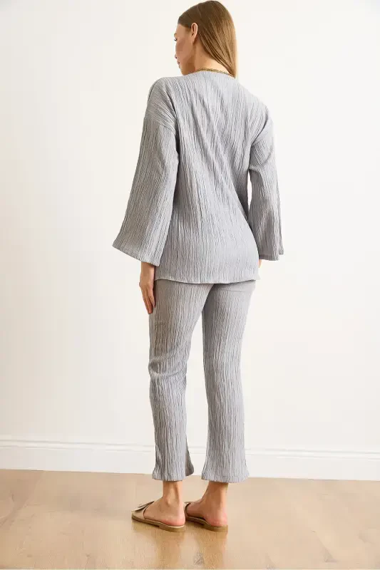 Woman Gray Top Lace-up Cardigan Bottom Pocketed Trousers Ta - 6