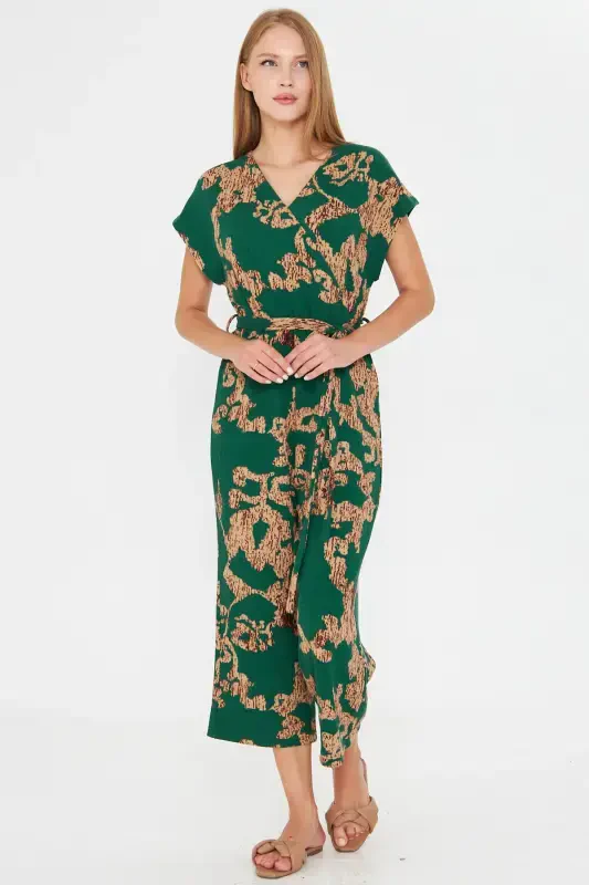 Woman Green-Beige Crossover Waist Belt Jumpsuit ARM-20Y042008-Green - 2