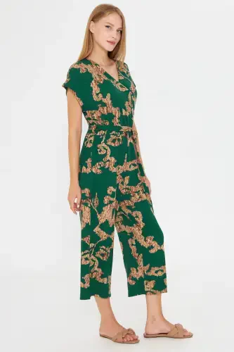 Woman Green-Beige Crossover Waist Belt Jumpsuit ARM-20Y042008-Green - 3
