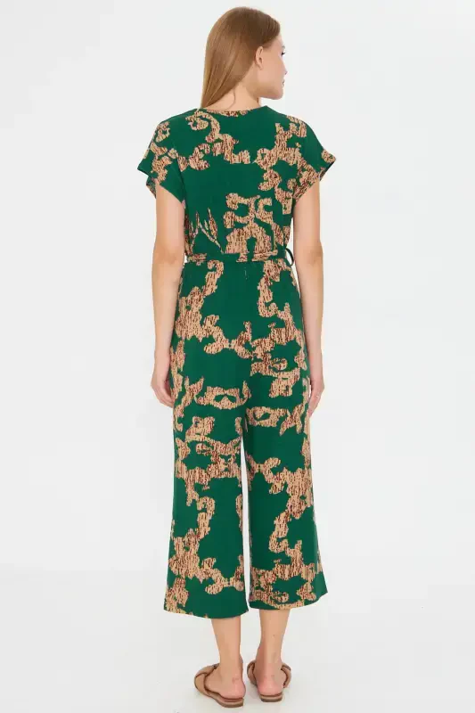 Woman Green-Beige Crossover Waist Belt Jumpsuit ARM-20Y042008-Green - 5