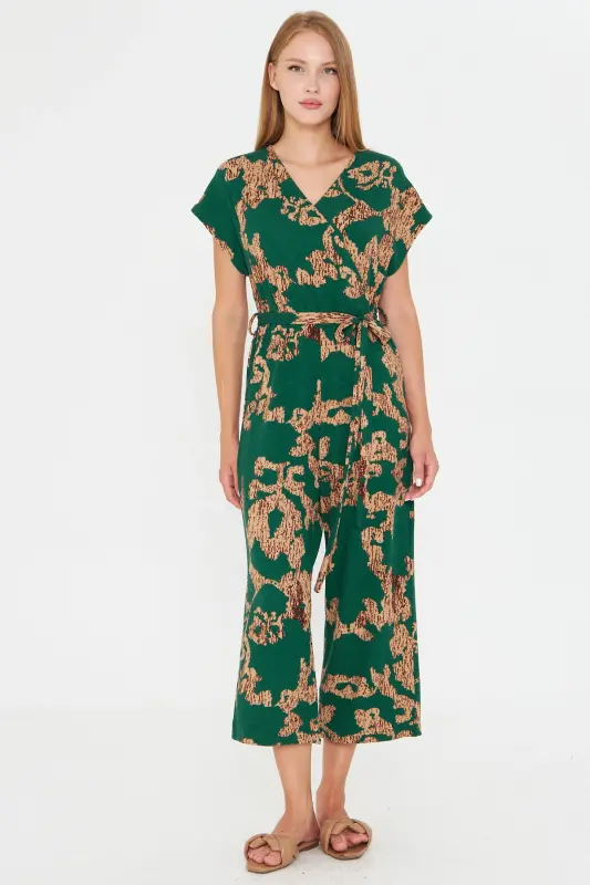 Woman Green-Beige Crossover Waist Belt Jumpsuit ARM-20Y042008-Green - 2