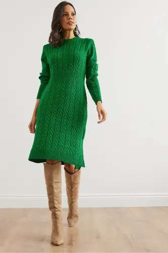 Woman Green Belted Slit Braided Knit Mini Dress - OLALOOK (1)