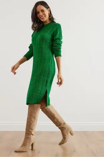Woman Green Belted Slit Braided Knit Mini Dress - 3