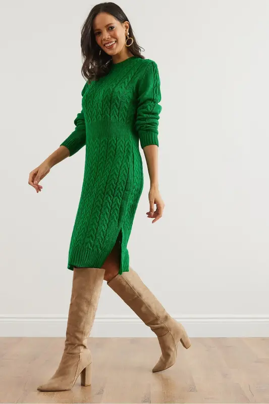 Woman Green Belted Slit Braided Knit Mini Dress - 3