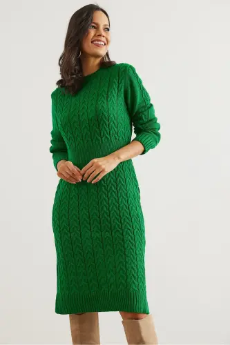 Woman Green Belted Slit Braided Knit Mini Dress - 4