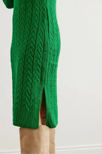Woman Green Belted Slit Braided Knit Mini Dress - 5