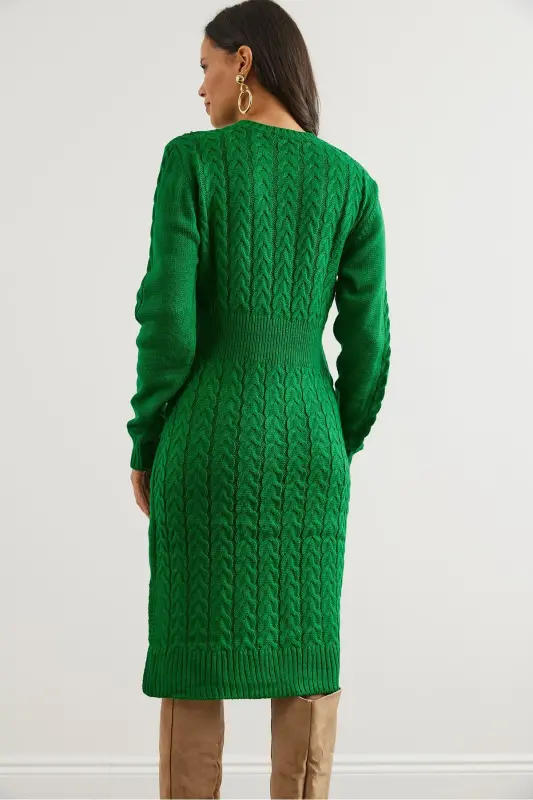 Woman Green Belted Slit Braided Knit Mini Dress - 6