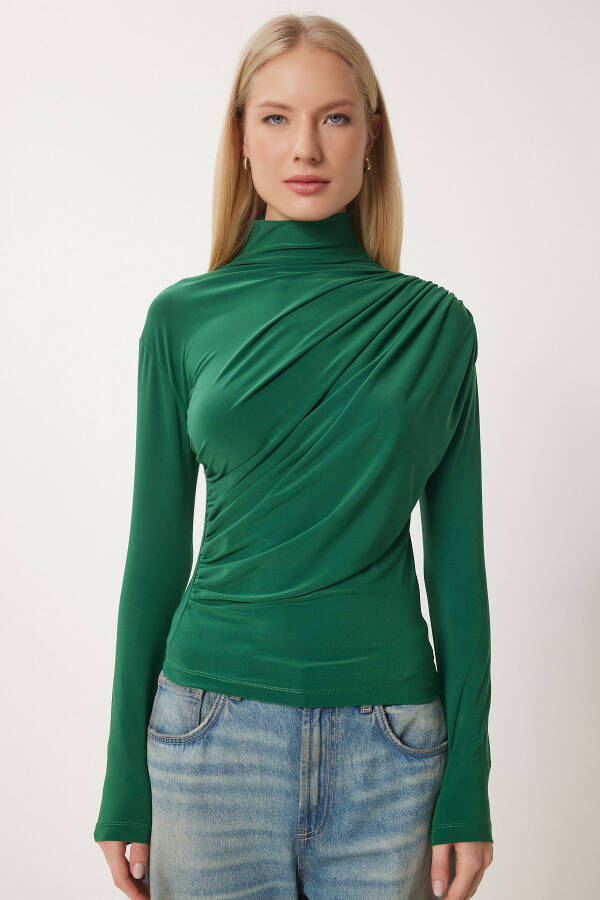 Woman Green Buckle Detail Stand Collar Sandy Blouse FF00135 - 3
